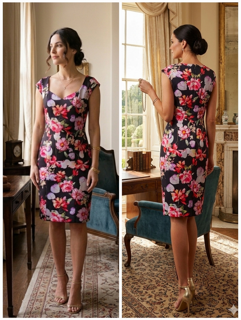 Joseph Ribkoff 6 Timeless Romantic Feminine Metallic Floral Evening Sheath Dress